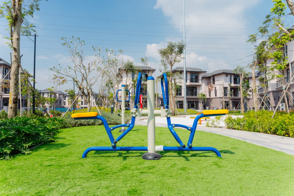 Play structure with guarded platforms and clear fall zones at GS Metro City