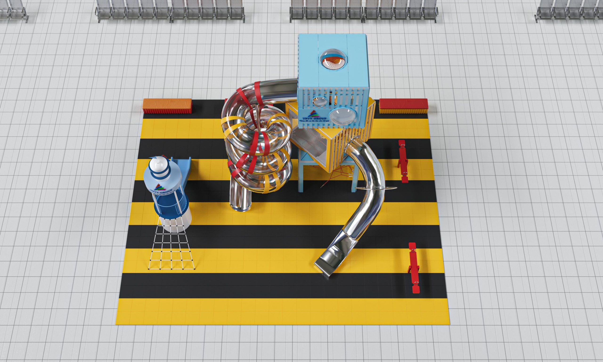 Playground stands an observation tower, constructed from containers stacked together